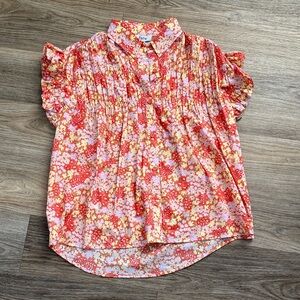 Fate Mod Boutique Brand Floral Ruffle Sleeve Blouse - Orange Red and Yellow